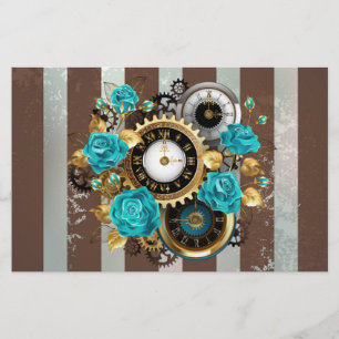 Papeterie Steampunk Clock and Turquoise Roses on Striped
