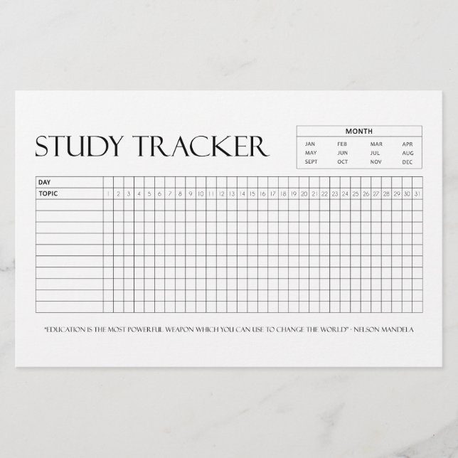 Papeterie Suivi d'étude | Mois | 31 Jours | Sujet | Progrès (Devant)
