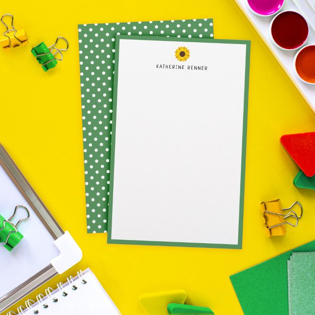 Papeterie Sunflower Green Border Pois Ajouter un nom (Créateur téléchargé)