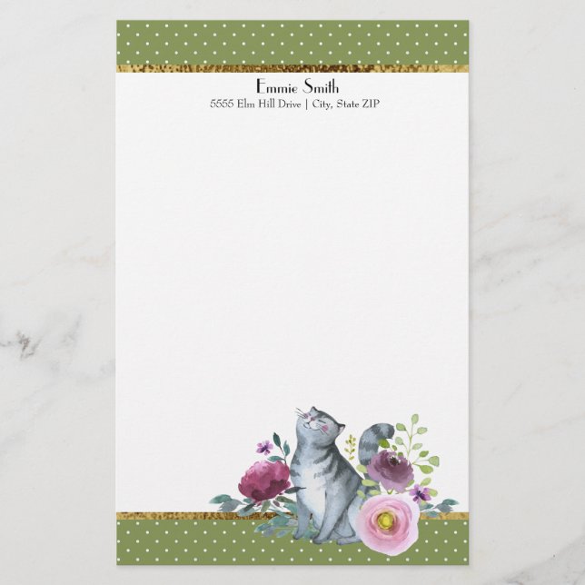 Papeterie Taches vertes blanches pois or gris Fleurs de chat (Devant)
