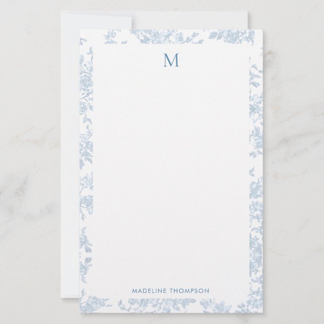 Papeterie Toile Botanique Classique Monogramme Bleu Français (Devant)