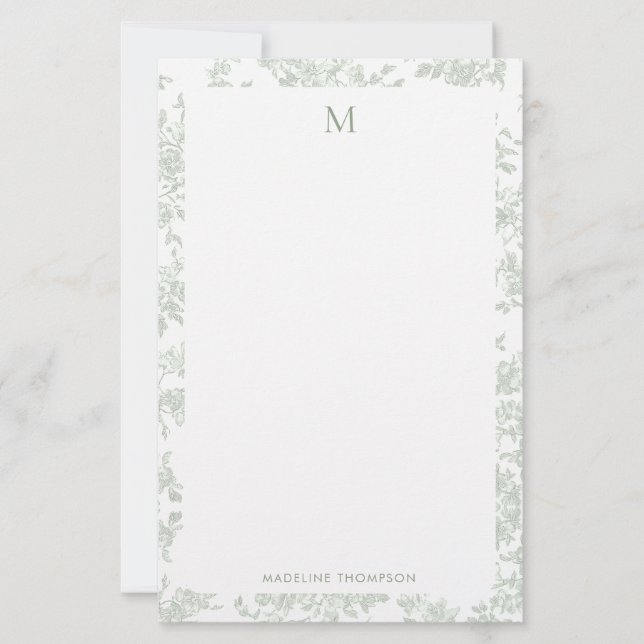 Papeterie Toile Botanique Classique Monogramme Vert Sauge (Devant)