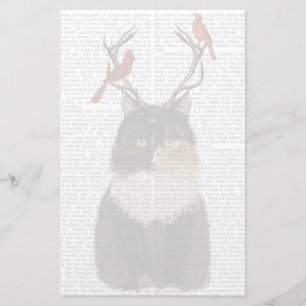 Papeterie Tortoiseshell Cat with Antlers and Red Birds