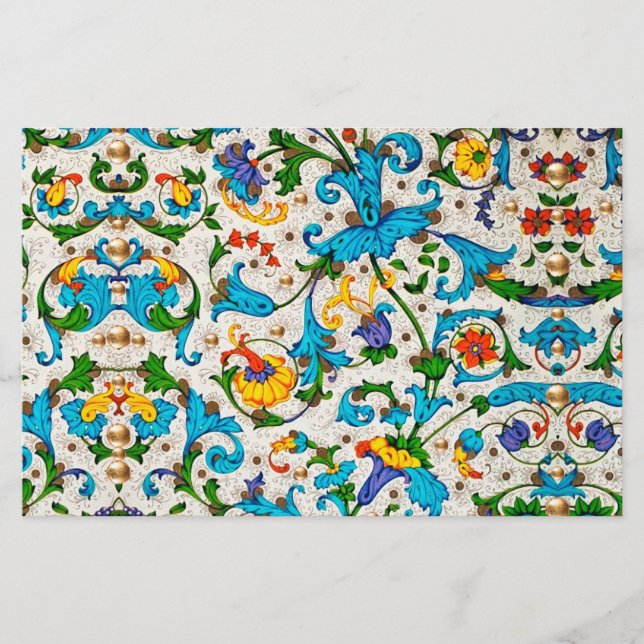 PAPETERIE TOSCANE RENAISSANCE BLEU VRILLES,FLEURS (Devant)