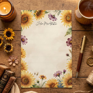 Papeterie Tournesol jaune aquarelle vintage Cosmos violet