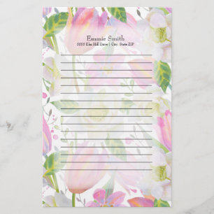 Papeterie Tulipes roses personnalisées et feuilles vertes