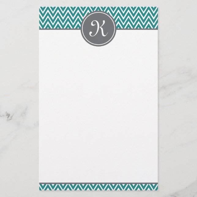 Papeterie Turquoise Chevron Motif Gris Monogramme (Devant)