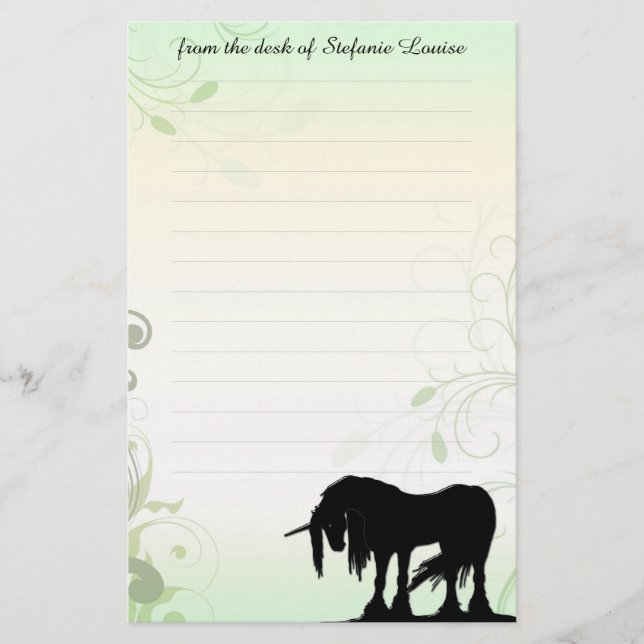 Papeterie Unicorne mystique avec lignes (vert/feuillu) (Devant)
