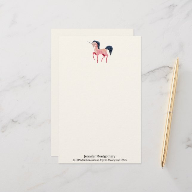 Papeterie Unicorne nordique rose avec Mane noir (Devant/Arrière en situation)