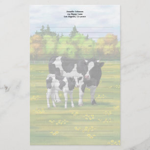 Papeterie Vache Holstein et veau mignon en pâturage d'été