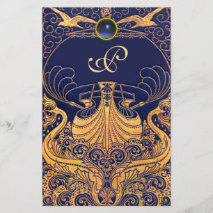 Papeterie Vaisseau antique, Dauphins, Or, Monogramme bleu ma