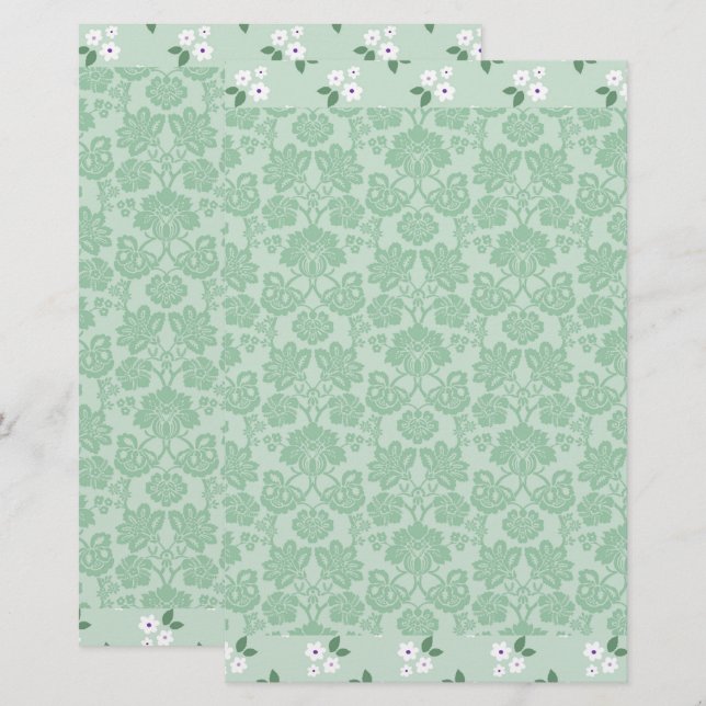 Papeterie Vert Blanc Floral Damask Simple Moderne (Devant / Derrière)