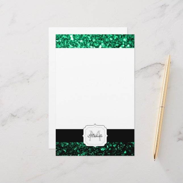 Papeterie Vert émeraude faux paillettes scintillent Monogram (Devant/Arrière en situation)