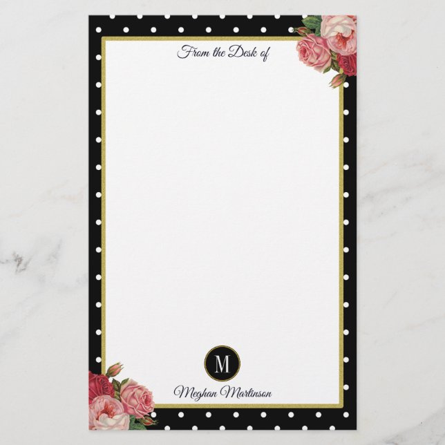 Papeterie Vintage noir Pois Floral Nom Monogramme (Devant)