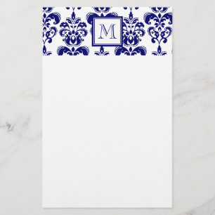 Papeterie Votre monogramme, Modèle bleu de Damas de marine