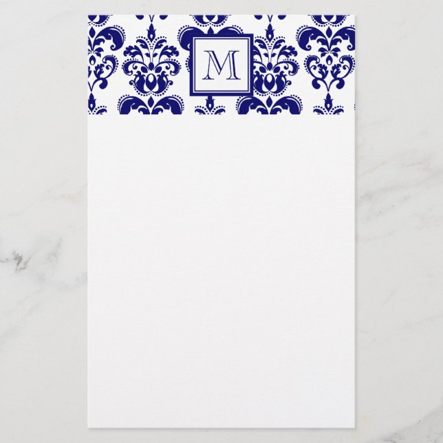 Papeterie Votre monogramme, Modèle bleu de Damas de marine 2 (Devant)