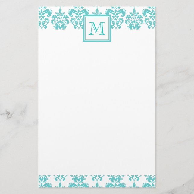 Papeterie Votre monogramme, motif turquoise 2 de damassé (Devant)