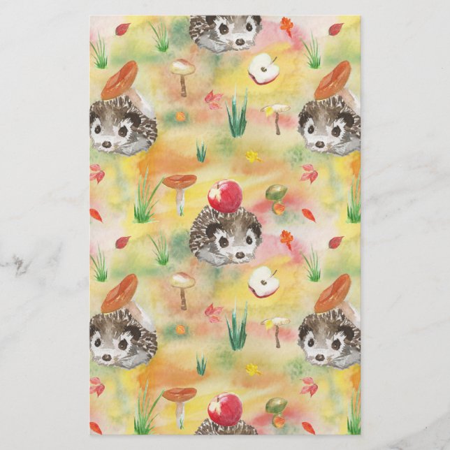 Papeterie Watercolor hedgehog with mushrooms and apple (Devant)