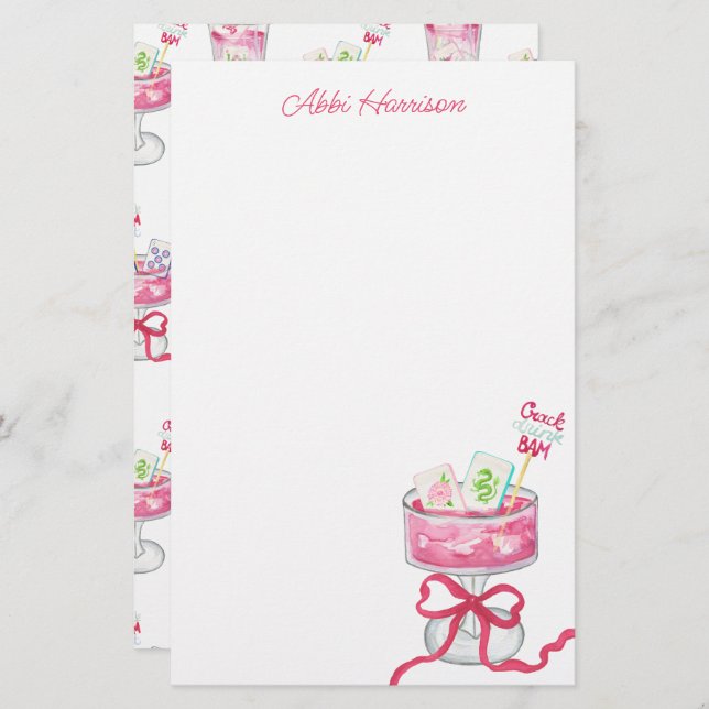 Papeterie Watercolor Hot Pink Mahjong Cocktails (Devant / Derrière)