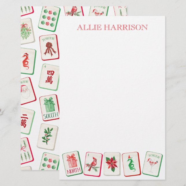 Papeterie Watercolor Mahjong Red & Green Christmas Tiles (Devant / Derrière)