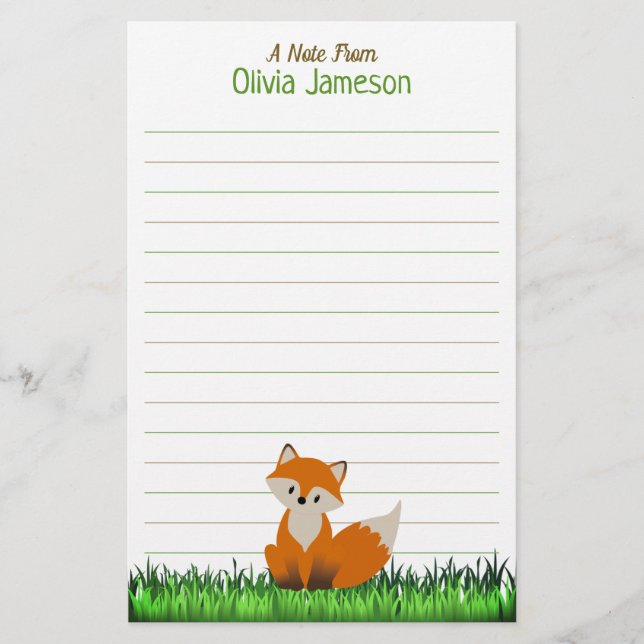 Papeterie Whimsical Kid's Name FOX Lined Stationery (Devant)