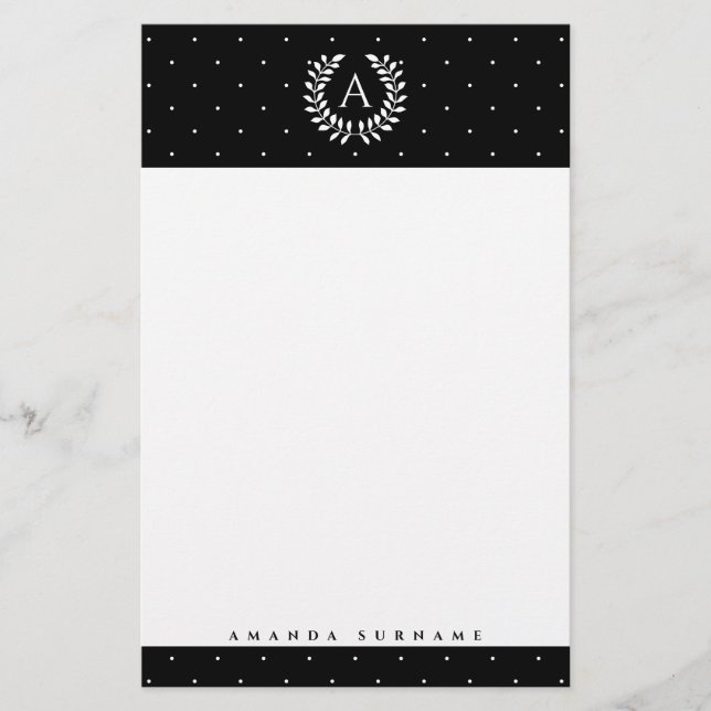 Papeterie White On Black Laurel Monogram Polka Dot Pattern (Devant)