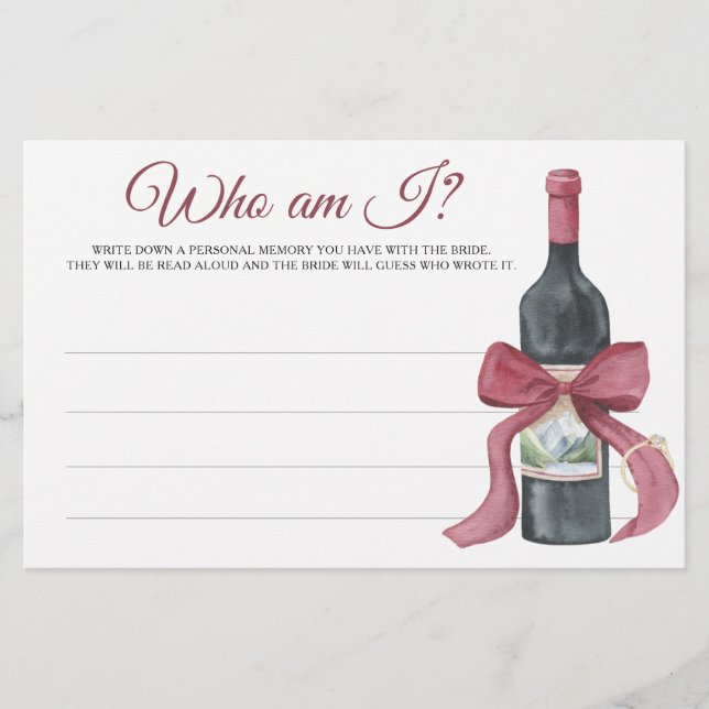 Papeterie Wine & Bow Bridal shower Who am I game (Devant)