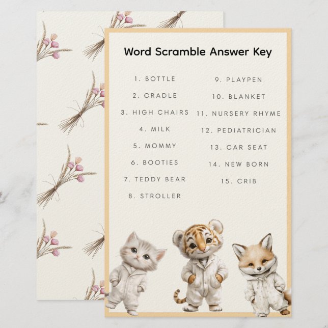 Papeterie Word Scramble Answer Key Whimsical Pajama Animals (Devant / Derrière)
