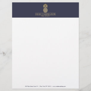Papier À En-tête Avec Motif Logo élégant en ananas doré sur bleu cendré