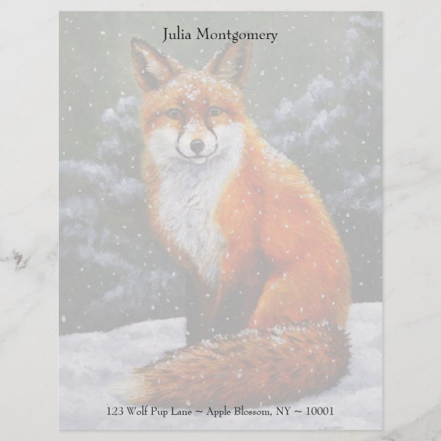 Papier À En-tête Avec Motif Renard rouge mignon en neige hivernale (Devant)