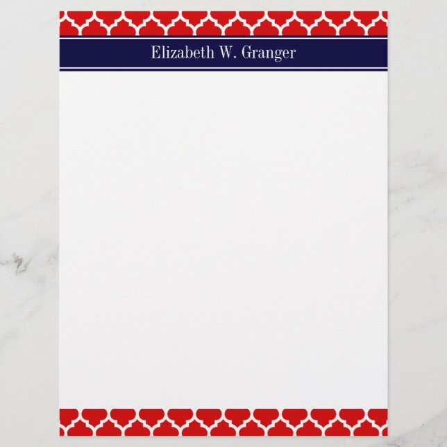 Papier À En-tête Avec Motif Rouge Blanc Marocain #5 Marine Nom bleu Monogramme (Devant)