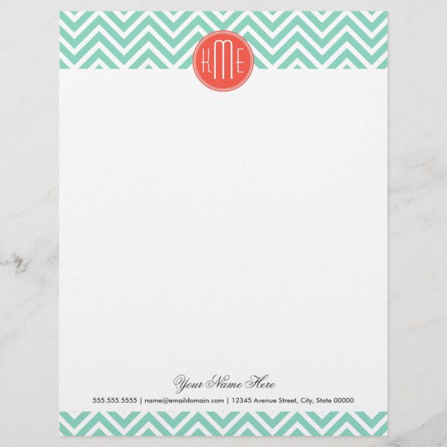 Papier À En-tête Chic Aqua Green Chevron et Orange Custom Monogramm (Devant)