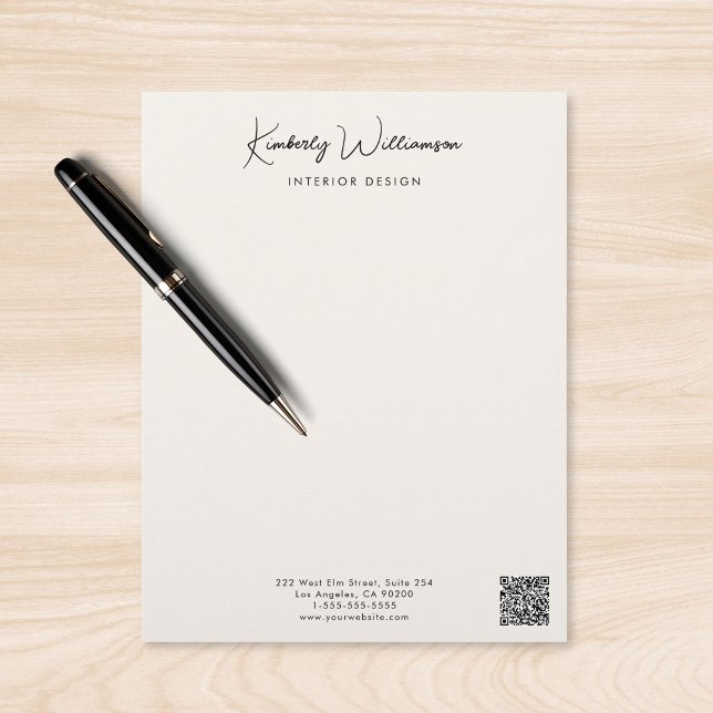 Papier à en-tête crème avec QR Code et signature d (Business Name Signature Script QR Code Cream Letterhead)