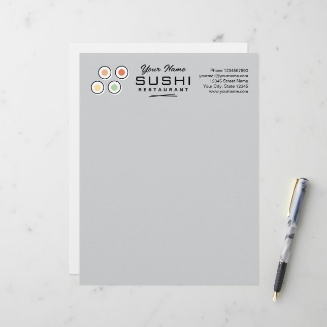 Papier à en-tête de restaurant de sushi moderne av (Devant/Arrière en situation)