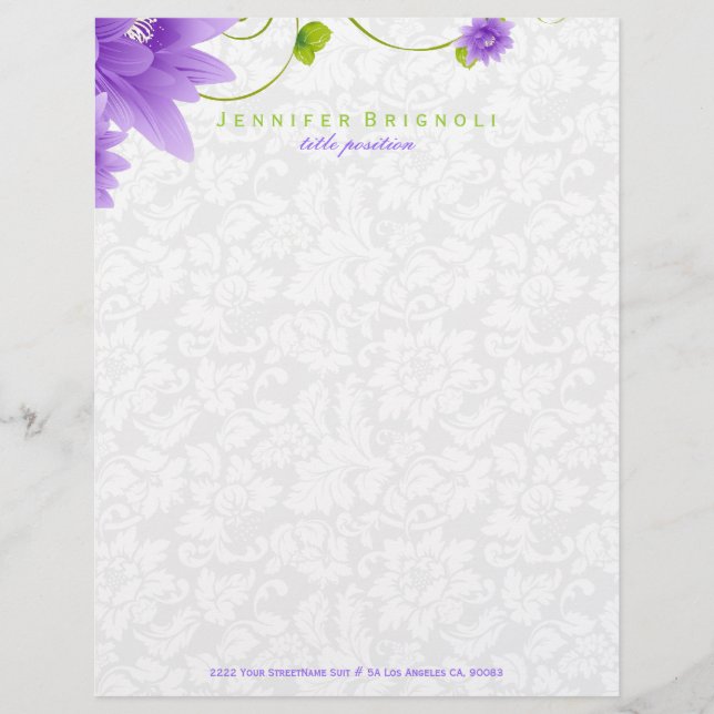 Papier À En-tête Design Floral Violet Blanc Et Vert (Devant)