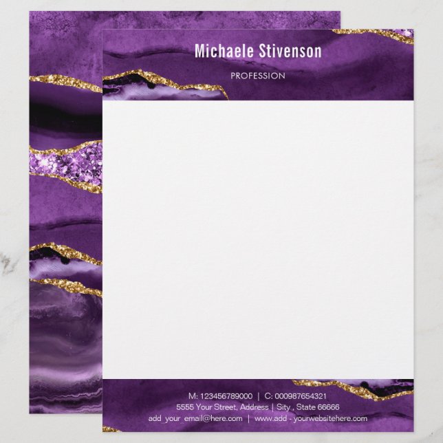 Papier à en-tête Luxe Paillettes Violet Pourpre Ag (Devant / Derrière)