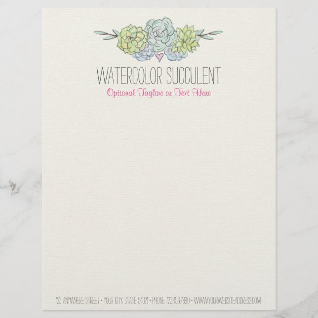 Papier À En-tête Personnalisable Aquarelle Succulente Chic Shabby Bohème Floral (Devant)