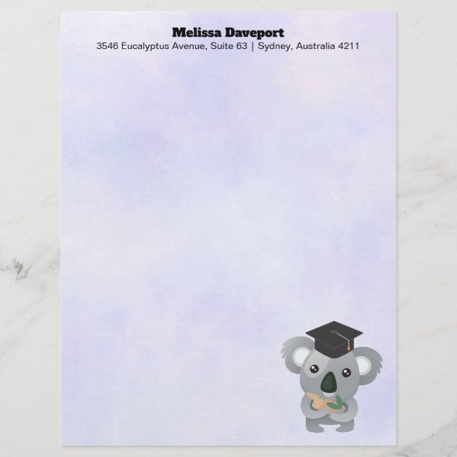Papier À En-tête Personnalisable Cute Koala dans une casquette de diplôme (Devant)