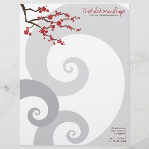 Papier À En-tête Personnalisable Fleurs de cerisier rouge Sakura et spirales grises