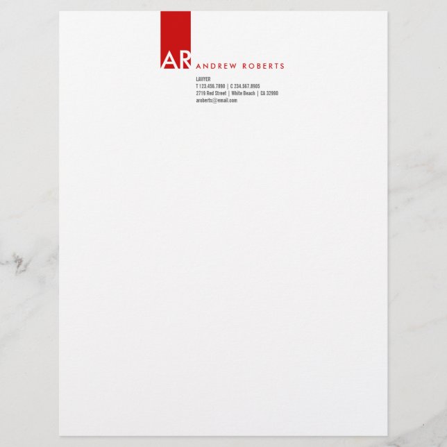 Papier À En-tête Personnalisable Monogramme moderne Blanc Rouge Nettoyé Haut en-têt (Devant)