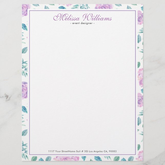 Papier À En-tête Personnalisable Motif Rose clair violet (Devant)