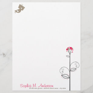 Papier À En-tête Personnalisable Tweet Oiseaux Et Points Rose De Fleur Mélange Whim