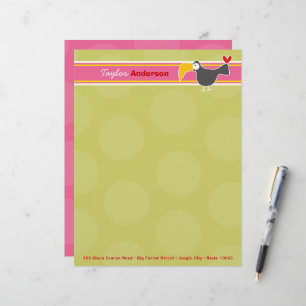 Papier À En-tête Personnalisé Caricature Black Toucan Bird Green Dots Enfants En