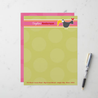 Papier À En-tête Personnalisé Caricature Black Toucan Bird Green Dots Enfants En