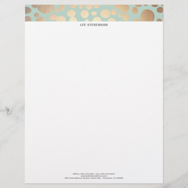 Papier À En-tête Personnalisé Chic Faux Gold Leaf Circle Motif et Turquoise (Devant)
