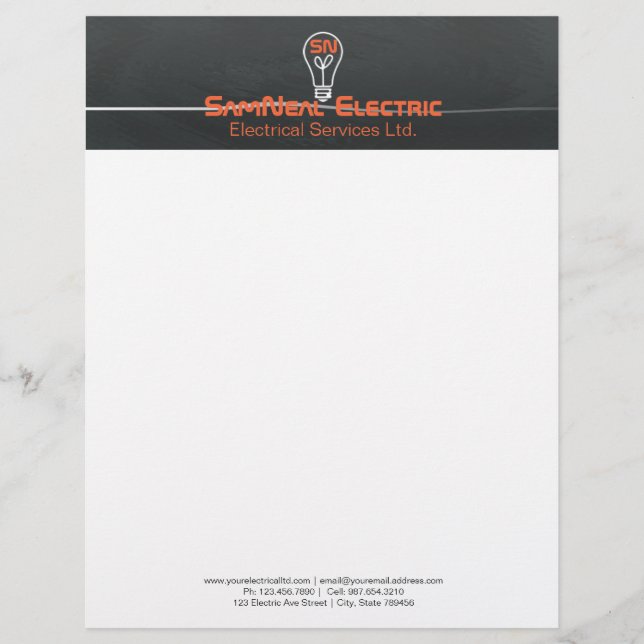 Papier À En-tête Personnalisé Électricien orange - conception d'ampoule de logo (Devant)