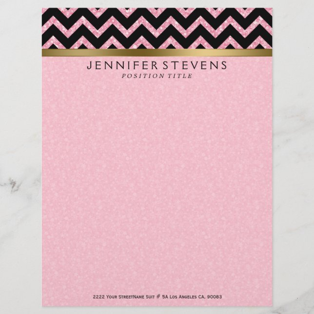 Papier À En-tête Personnalisé Elégant Parties scintillant rose noir Chevron or A (Devant)