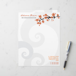 Papier À En-tête Personnalisé Hibiscus Orange Tropical Fleur Fusion Gris Fils