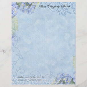 Papier À En-tête Personnalisé Hortensias bleus, papillon et floral moderne de