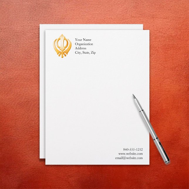 Papier À En-tête Personnalisé Symbole sikh (Sikh Letterhead, Gold Khanda, symbol of the Sikh religion. Customize with your text.)